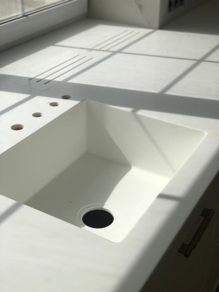 Столешницы из искусственного камня с литой мойкой для кухни изготовлено в правила камня