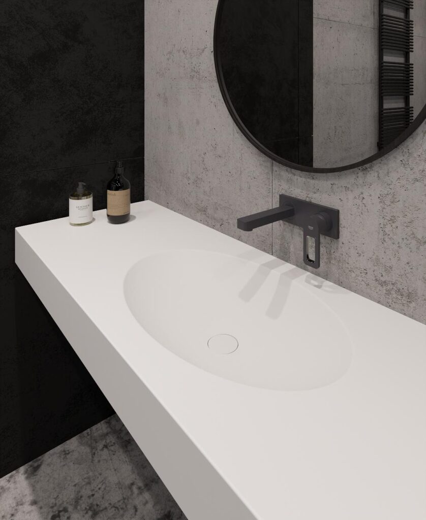 Подвесная столешница с интегрированной овальной раковиной (столешница (1800-2500)х520 Н120) изготовлено в правила камня