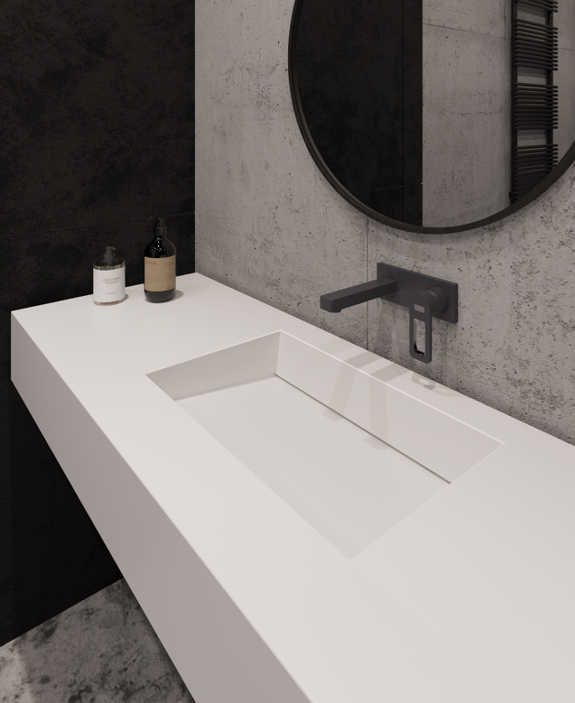 Подвесная столешница с интегрированной щелевой раковиной (столешница (1700-2500)х520 Н120) изготовлено в правила камня