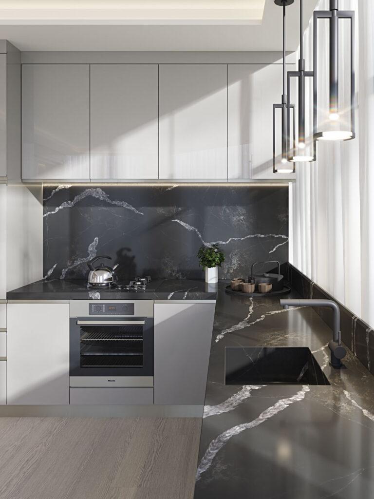 Primax Quartz 795 Calacatta Black Mist изготовлено в правила камня