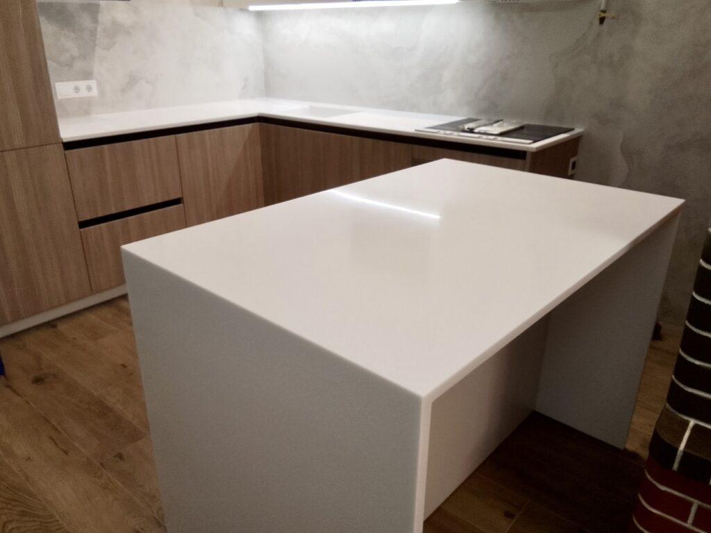Акриловая столешница с мойкой и остров на кухню изготовлено в правила камня